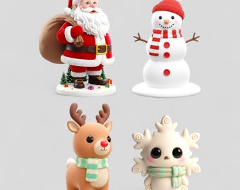 May include: Four Christmas figurines: Santa Claus in a red suit with a sack, a snowman with a red hat and scarf, a reindeer with a green scarf, and a snowflake creature with a green scarf. All are on a gray background.