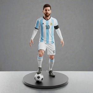May include: A figurine of a soccer player wearing a light blue and white striped jersey with the number 10. The player is standing on a black base with a soccer ball at their feet. The figurine has a beard and dark hair.