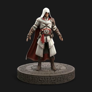 May include: A detailed figurine of a character from the Assassin's Creed video game series. The figure is dressed in a white and red hooded outfit with brown accents, a red cape, and a belt with a silver emblem. The figure stands on a circular stone base.