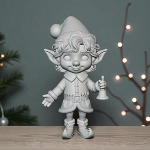 May include: A gray figurine of a Christmas elf, wearing a hat with a pom-pom, a collared coat, and boots. The elf is holding a bell and has pointed ears. The background includes a Christmas tree branch and string lights.