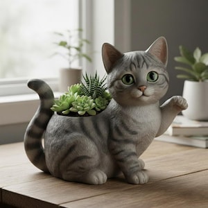 May include: A gray cat-shaped planter with green eyes and a raised paw, holding a variety of green succulents. The cat has gray stripes and a long tail. The planter is on a wooden surface.