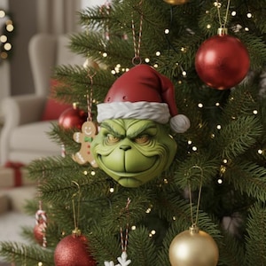 May include: A Christmas tree decorated with ornaments, including a Grinch head wearing a Santa hat. Red and gold baubles, a gingerbread man, and string lights adorn the evergreen branches. The Grinch ornament is green with a red hat and white trim.