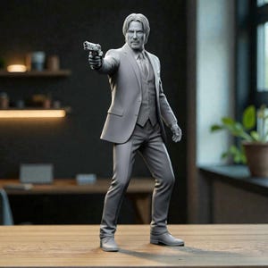 May include: A gray figurine of a man in a suit, holding a gun. The figure is in a dynamic pose, with the gun extended. The suit includes a jacket, vest, and trousers. The figure has short hair and a serious expression.