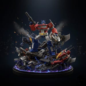 Op de afbeelding: Een gedetailleerd beeld van Optimus Prime, de leider van de Autobots, die bovenop een puinhoop staat met andere Transformers. Het beeld is overwegend rood, blauw en zilver, met een wapen. De basis is zwart met een gloeiende blauwe omtrek.