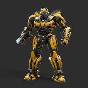 May include: A detailed, full-body image of a yellow and black robot with glowing blue eyes and a weapon. The robot has a complex mechanical design, with visible gears and panels. The background is a solid dark gray.