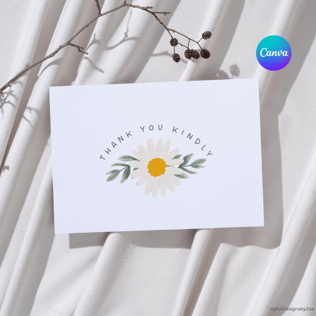 Watercolor Daisy Thank You Card With Sage Green Leaves : Editable Canva ...