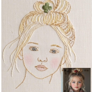 Puede incluir: Un bordado sobre tela color hueso que representa el retrato de una persona con cabello rubio recogido en un moño, acentuado por un pequeño trébol de cuatro hojas verde. El diseño incluye rubor rosa claro en las mejillas y una foto de referencia.