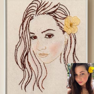 Pode incluir: Um retrato bordado à mão em tecido off-white apresentando uma pessoa com longos cabelos castanhos e uma flor amarela atrás da orelha. Os traços faciais são delineados com linha marrom escura e um suave blush rosa nas bochechas.