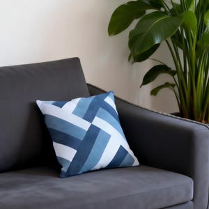 Tutorial de almohada de patchwork geométrico azul (PDF para principiantes), decoración moderna para el hogar, costura DIY