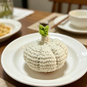 May include: A small, round, off-white crocheted garlic bulb featuring a textured, segmented surface and a short, upright stem topped with two small, bright green crocheted leaves. The item is crafted from yarn with visible stitches.