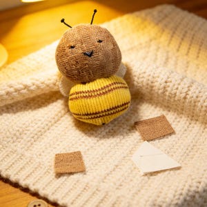 May include: A handmade plush bee toy with a brown head, yellow and brown striped body, and small white wings. The bee rests on a cream-colored knitted blanket, with small fabric patches and a button nearby.