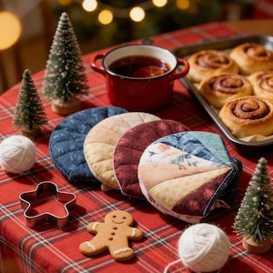 May include: A festive holiday scene with a red plaid tablecloth. Features include a red pot of tea, baked cinnamon rolls, decorative mini Christmas trees, and colorful quilted pot holders. A gingerbread man cookie and star-shaped cookie cutter are also present.