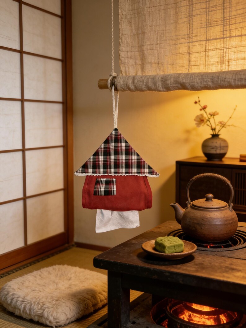 May include: A red and plaid fabric tissue box cover shaped like a house, hanging from a string. The house-shaped cover has a plaid roof and a small window. White tissues are visible at the bottom. The scene is set in a traditional Japanese-style room.
