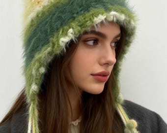 Boho Ear Flap Hat Knitting Pattern PDF, Green to Yellow Gradient Striped Beanie with Tassels, Cozy Winter Accessory, Beginner Tutorial
