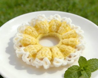 Cream Yellow Crochet Scrunchie Pattern, Beginner-Friendly PDF Tutorial, Ruffled Hair Tie Digital Download