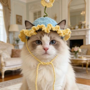 May include: A fluffy cat with blue eyes wearing a handmade blue and yellow crochet hat with a flower on top. The hat has a yellow ruffled brim and a yellow string tie. The cat is indoors.