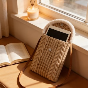 May include: A tan cable-knit tablet case with a cream-colored, fluffy interior. The case has a brown leather strap and a silver button closure. An open book and a lit candle are in the background, suggesting a cozy setting.