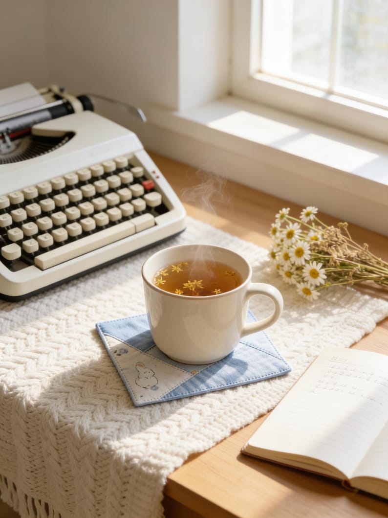 Puede incluir: Una taza blanca humeante de t&eacute; con p&eacute;talos de flores descansa sobre un posavasos azul y blanco con un dise&ntilde;o de conejito. Una m&aacute;quina de escribir vintage y un ramo de margaritas est&aacute;n cerca. Un cuaderno abierto est&aacute; sobre una superficie de madera.