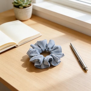 Può includere: Un elastico per capelli a quadretti blu e bianchi su una superficie di legno. Una penna d'argento, un taccuino aperto e una piccola pianta grassa in vaso sono anche sul tavolo. Accessorio per capelli.