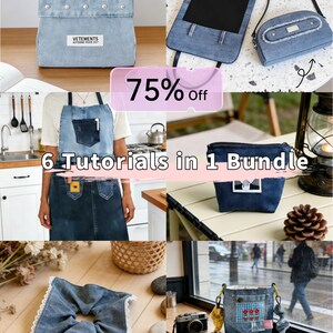 Puede incluir: Un collage de artículos de mezclilla, que incluyen una funda para caja de pañuelos, bolsos, un delantal, una bolsa, una scrunchie y un bolso pequeño. También se ve el texto "6 Tutoriales en 1 Bundle" y "75% de descuento".