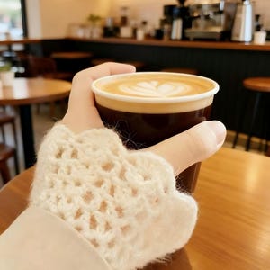May include: A hand holding a brown paper coffee cup with a latte. The latte has a heart-shaped design on top. The person is wearing a cream-colored crocheted sleeve. The background shows a cafe setting with tables and coffee machines.