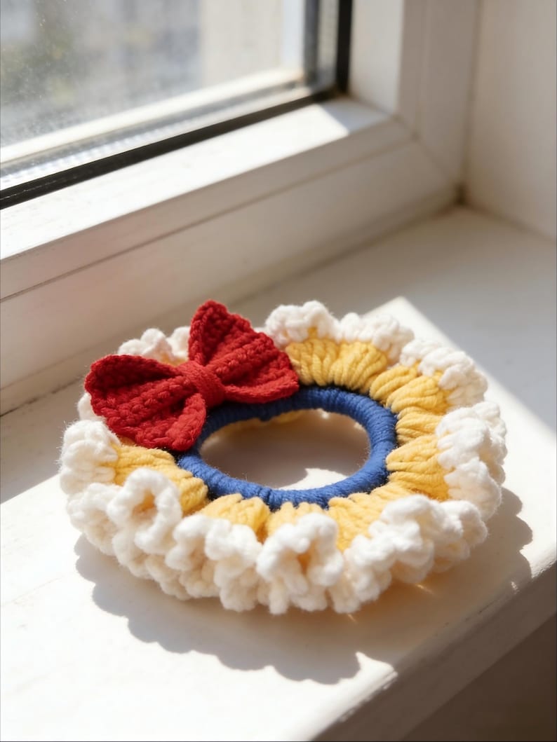 May include: A handmade crochet hair scrunchie featuring a red bow, yellow and white ruffled trim, and a blue center. This unique hair accessory adds a touch of handmade charm to any hairstyle.
