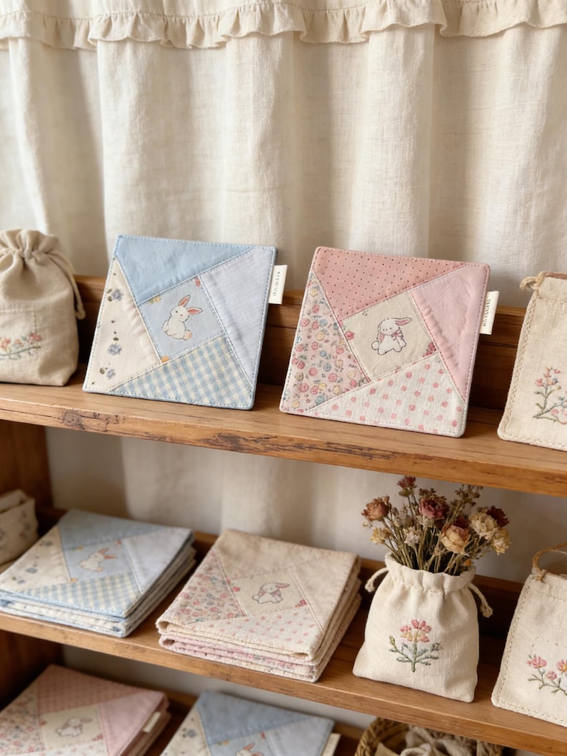 Puede incluir: Posavasos cuadrados de tela acolchada con dise&ntilde;os de patchwork. Cada posavasos presenta un patr&oacute;n diferente, incluyendo estampados florales, cuadros de vichy y colores lisos. Un peque&ntilde;o conejo bordado est&aacute; centrado en cada posavasos. Los posavasos se exhiben en una estanter&iacute;a de madera.