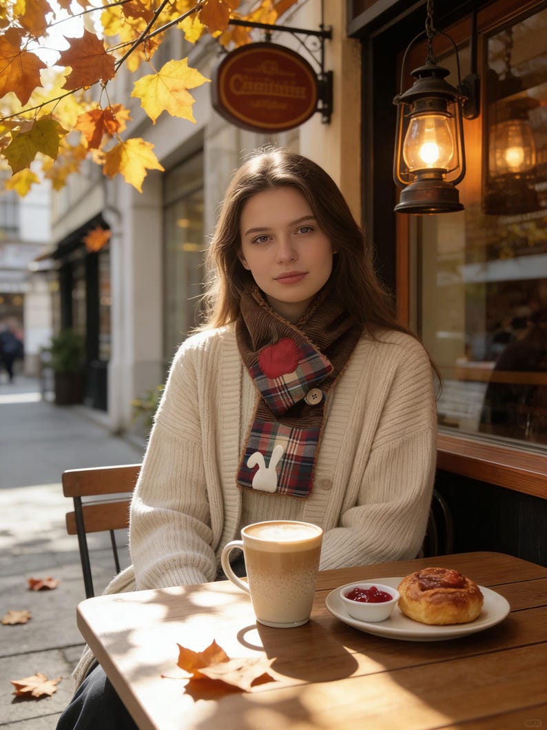 May include: A woman wearing a cream cardigan and a plaid scarf with a bunny design sits at a cafe table. A mug of coffee, a plate with a pastry, and a small dish of jam are on the table. Autumn leaves are scattered around.
