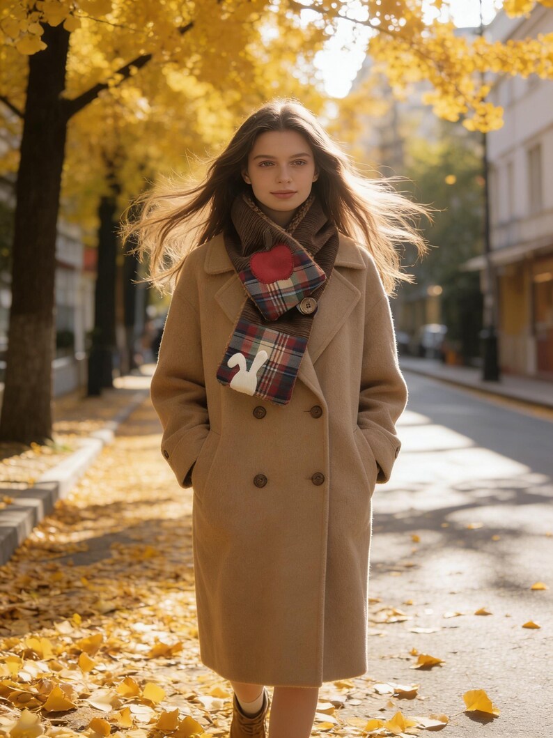 May include: A woman in a tan double-breasted coat and a scarf with a red heart and plaid pattern. The scarf is brown and the coat is knee-length. The background shows a street with yellow leaves and trees.