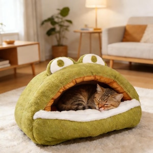 Może przedstawiać: Zielone legowisko dla kota w kształcie żaby z białymi akcentami i dużymi, okrągłymi oczami. Kot pręgowany zwinięty wewnątrz legowiska, śpiący. Legowisko stoi na białym dywanie w salonie.