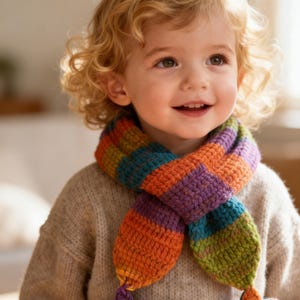 Puede incluir: Una bufanda de ganchillo colorida con extremos en forma de estrella. La bufanda presenta rayas naranjas, turquesas, moradas y verdes. Los extremos en forma de estrella son morados y naranjas. La bufanda la lleva un niño.