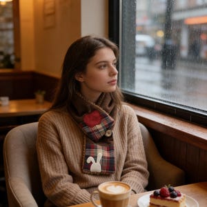 May include: A woman in a brown sweater and a plaid scarf with a heart and bunny design. A coffee cup and a cake slice with berries are on a table. The setting is a cafe, with a window showing a rainy street.