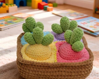 Gehaakt cactussorteerspeelgoed en mand, montessori-leerspeelgoedpatroon pdf, kleurovereenkomstactiviteit, kinderkamer opbergdecor