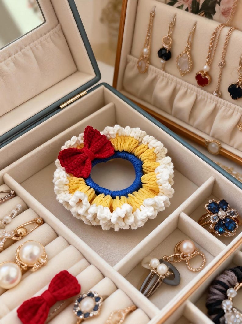 May include: A handmade crochet hair scrunchie with a red bow, yellow and white trim, and a blue center. The scrunchie is displayed in a jewelry box with various earrings, rings, and other accessories.