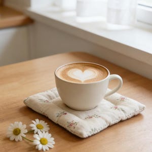 May include: A white ceramic coffee cup with a heart-shaped design in the foam, resting on a floral-patterned coaster. Three daisies with yellow centers and white petals are on the wooden table.