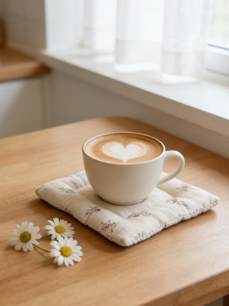 May include: A white ceramic coffee cup with a heart-shaped design in the foam, resting on a floral-patterned coaster. Three daisies with yellow centers and white petals are on the wooden table.