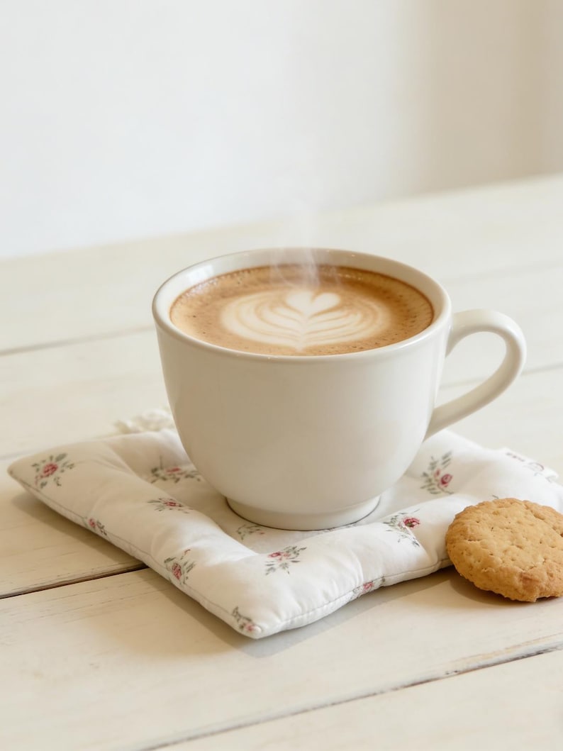 May include: A white ceramic mug filled with a latte, featuring a heart-shaped design in the foam, sits on a floral-patterned coaster. A golden-brown cookie rests beside the mug, creating a cozy, inviting scene.