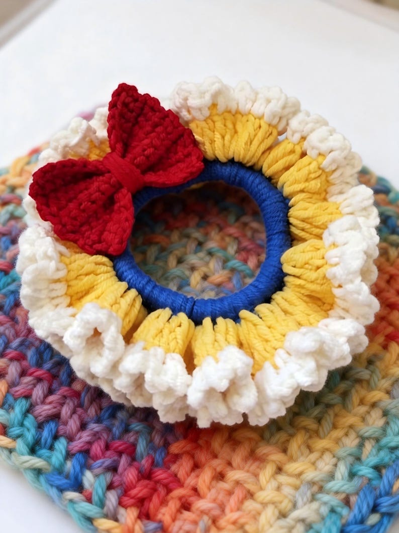 May include: A handmade crochet hair tie featuring a red bow, yellow, white, and blue accents. The hair accessory is set against a colorful, rainbow-hued crochet background. This item is perfect for adding a touch of handmade charm to any hairstyle.