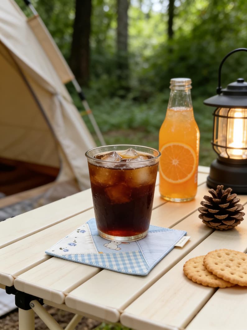 Puede incluir: Escena de camping con un vaso de cola con hielo sobre un posavasos azul y blanco. Una botella de refresco de naranja, una linterna encendida, un pi&ntilde;a y galletas est&aacute;n sobre una mesa de madera. Una tienda de campa&ntilde;a es visible en el fondo.