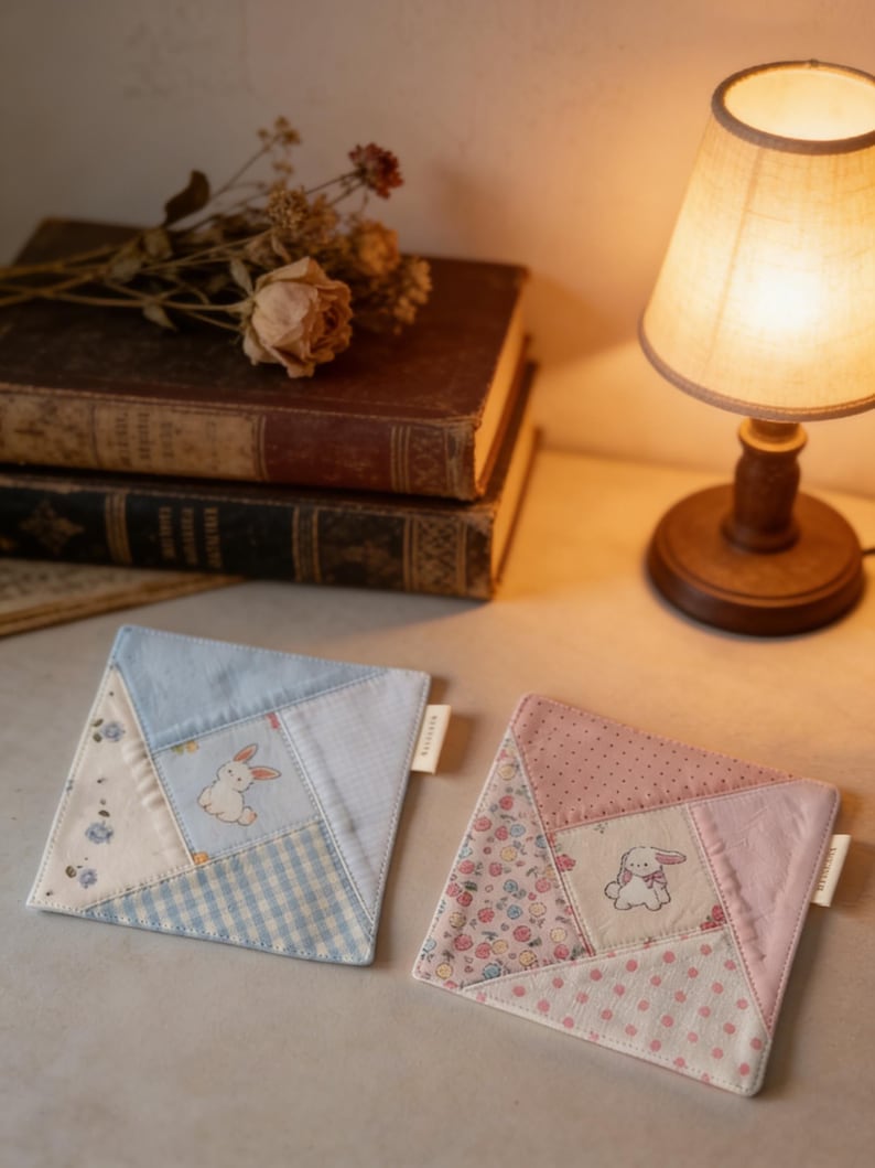 Puede incluir: Dos posavasos cuadrados acolchados con dise&ntilde;o de patchwork. Uno es azul claro con un gr&aacute;fico de conejito, el otro es rosa con un gr&aacute;fico de conejito. Los posavasos est&aacute;n sobre una superficie clara.