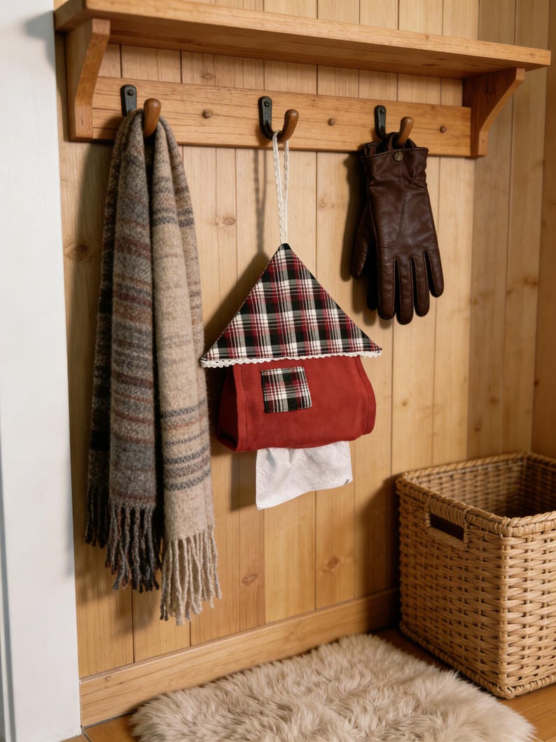 May include: A wooden wall-mounted shelf with hooks displays a fringed scarf, a house-shaped tissue holder, and leather gloves. A woven basket and a faux fur rug sit below. The tissue holder is red with a plaid roof.