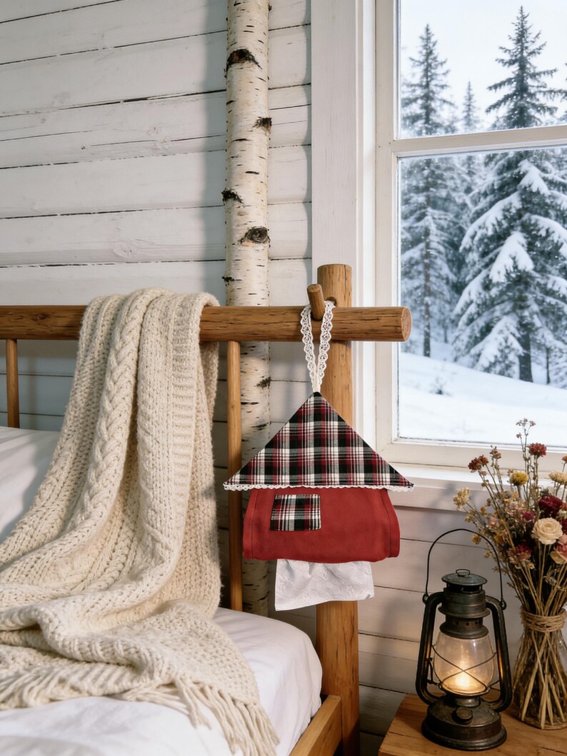 May include: A decorative house-shaped fabric item with a red body and a plaid roof hangs from a wooden bed frame. A white lace trim borders the roof. A cream-colored blanket and a vintage lantern are also visible.