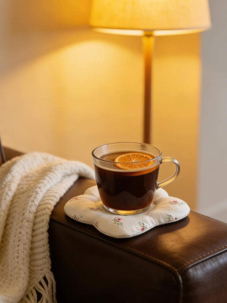 May include: A clear glass mug filled with a dark beverage and a slice of orange, resting on a floral-patterned coaster. A white knitted blanket with fringe is draped nearby. The scene is illuminated by a warm-toned lamp.