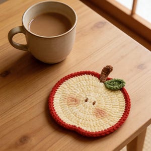 Peut inclure: Un dessous de verre fait à la main en forme de pomme au crochet, avec une bordure rouge, un centre crème et une tige marron avec une feuille verte. Une tasse beige remplie d'un liquide brun clair est posée sur une table en bois.