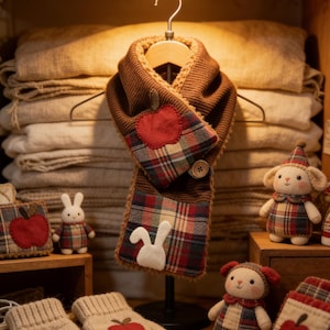 May include: A brown knit scarf with a plaid pattern and an apple applique, displayed on a hanger. The image also shows matching mittens, plush toys, and decorative squares with apple and bunny designs. The items are arranged on a wooden shelf.
