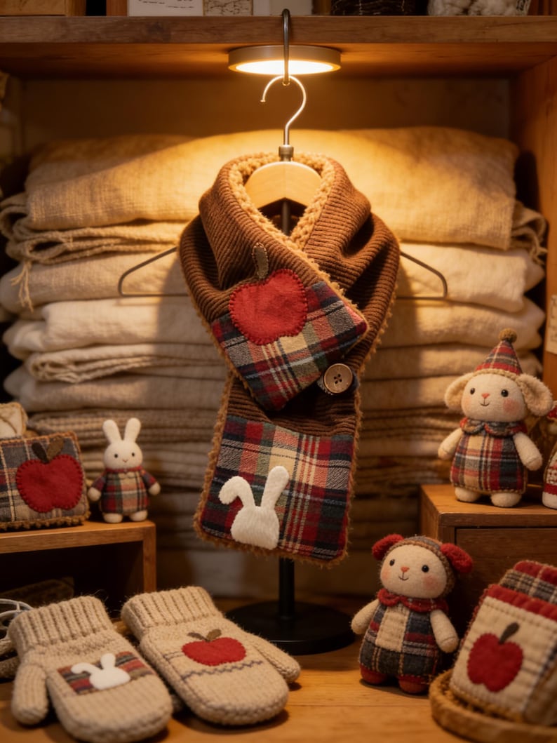 May include: A brown knitted scarf with a plaid pattern and an apple applique, displayed on a hanger. The image also shows matching mittens, plush toys, and decorative squares with apple and bunny designs. The items are arranged on a wooden shelf.