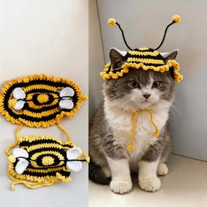 Può includere: Un gatto grigio e bianco con un costume da ape fatto a mano all'uncinetto, che include un cappello con antenne e un girocollo. Il costume è giallo e nero, con dettagli bianchi. Viene mostrato anche un accessorio a forma di ape abbinato.