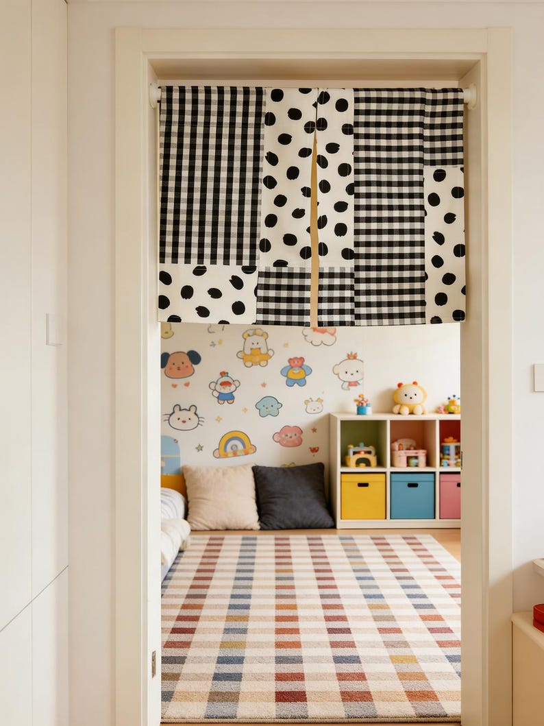May include: A doorway curtain with a patchwork design of black and white polka dots and gingham patterns. The curtain hangs in front of a room with a colorful rug, wall decals, and storage cubes, creating a playful atmosphere.