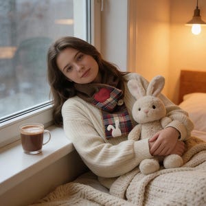 May include: A person wearing a cream-coloured sweater and a scarf with a heart and bunny design. They are holding a plush bunny and a cup of hot chocolate. The setting is near a window with a soft blanket.