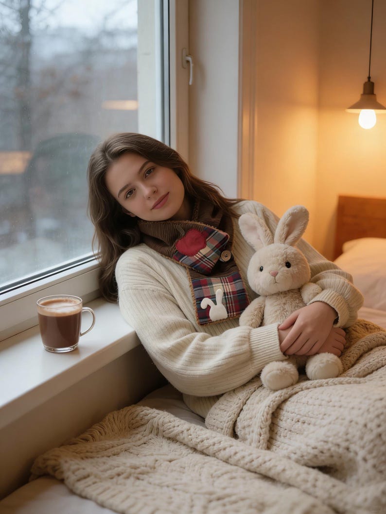 May include: A person wearing a cream-coloured sweater and a scarf with a heart and bunny design. They are holding a plush bunny and a cup of hot chocolate. The setting is near a window with a soft blanket.